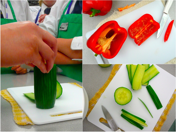 Cutting cucumbers and peppers for cold rolls