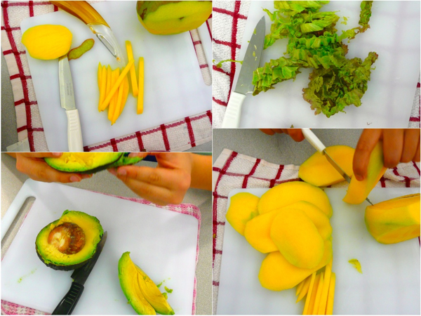 cutting mango, avocado and lettuce for cold rolls