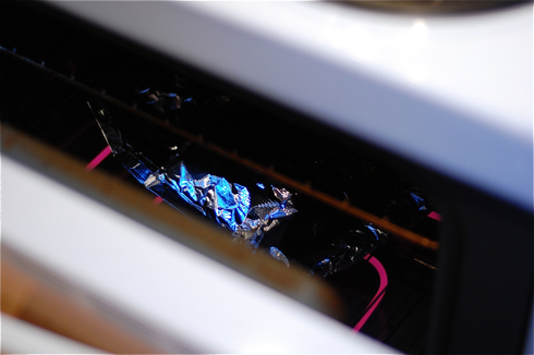 The Emeril hickory smoker bag in oven with Canadian bacon