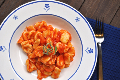 Cavatelli with tomato sauce on a blue and white plate