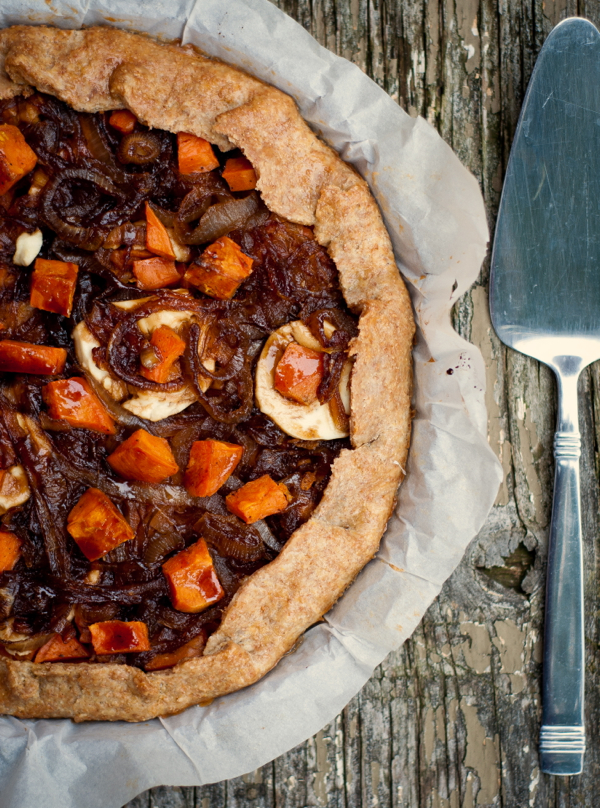 Sweet potato galette with balsamic-­caramelized onions and goat cheese