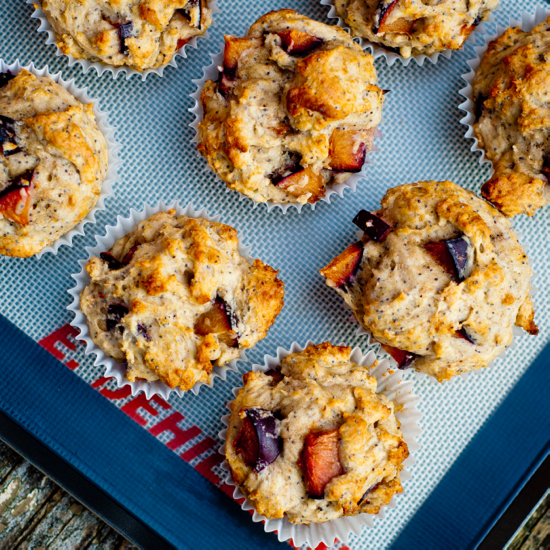 plum poppyseed muffins from The Smitten Kitchen Cookbook on a baking tray