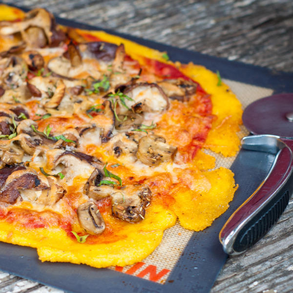Polenta pizza with mushrooms for Mushrooms.ca by Mardi Michels