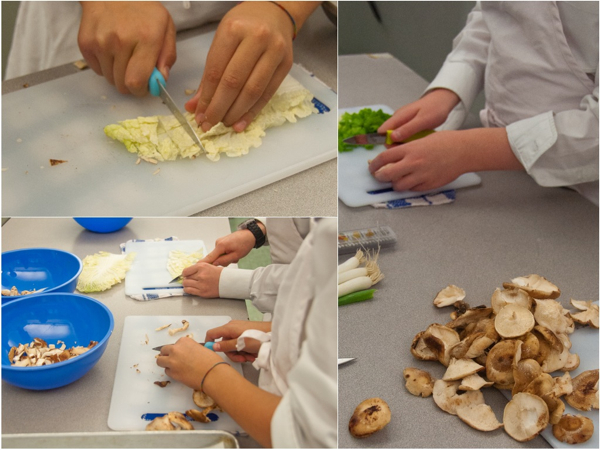 Kids chopping cabbage and mushrooms on eatlivetravelwrite.com