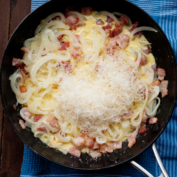 Dorie Greenspan onion carbonara for FFWD on eatlivetravelwrite.com