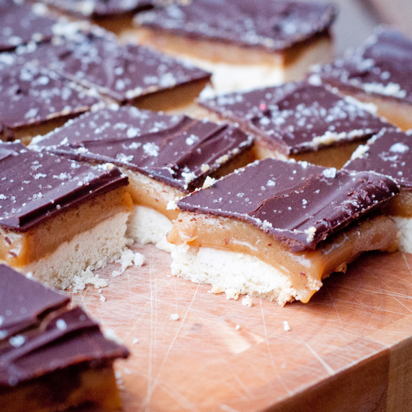 Chocolate shortbread squares with salted caramel on eatlivetravelwrite.com