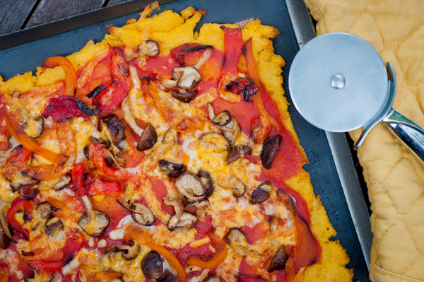 Polenta pizza with mushrooms and roasted red peppers on eatlivetravelwrite.com