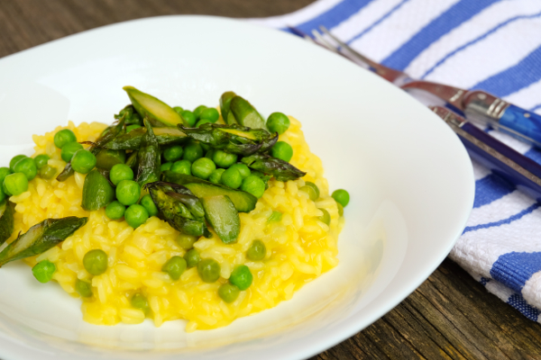 Asparagus and pea risotto made with Better than Bouillon chicken base on eatlivetravelwrite.com