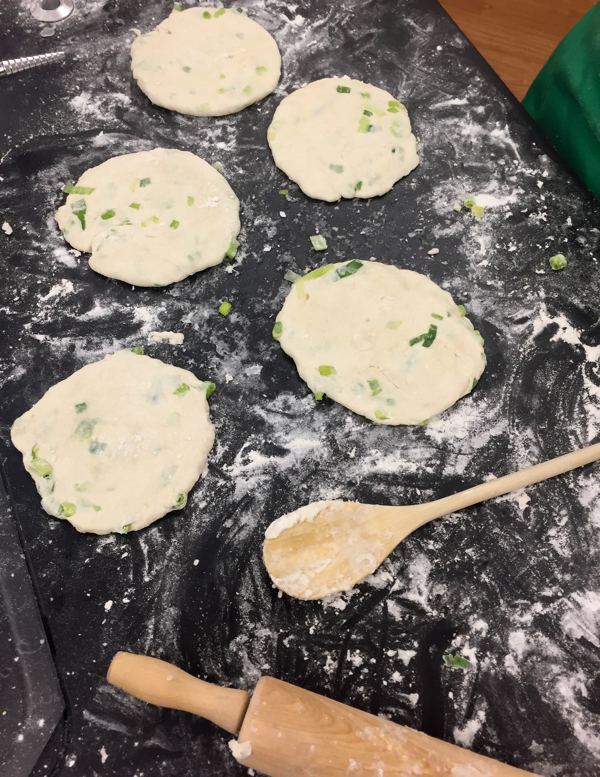 Scallion pancakes ready to fry on eatlivetravelwrite.com