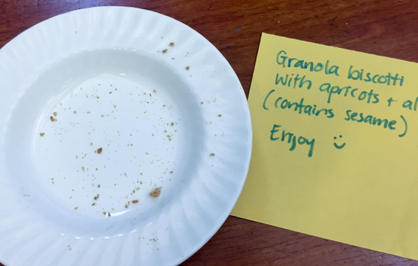Empty plate of breakfast biscotti wtih granola on eatlivetravelwrite.com