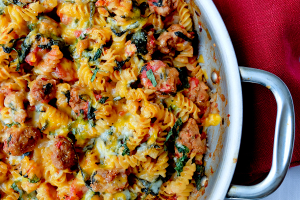 Cheesy one pan Barilla Pronto rotini with spicy sausage and spinach on eatlivetravelwrite.com