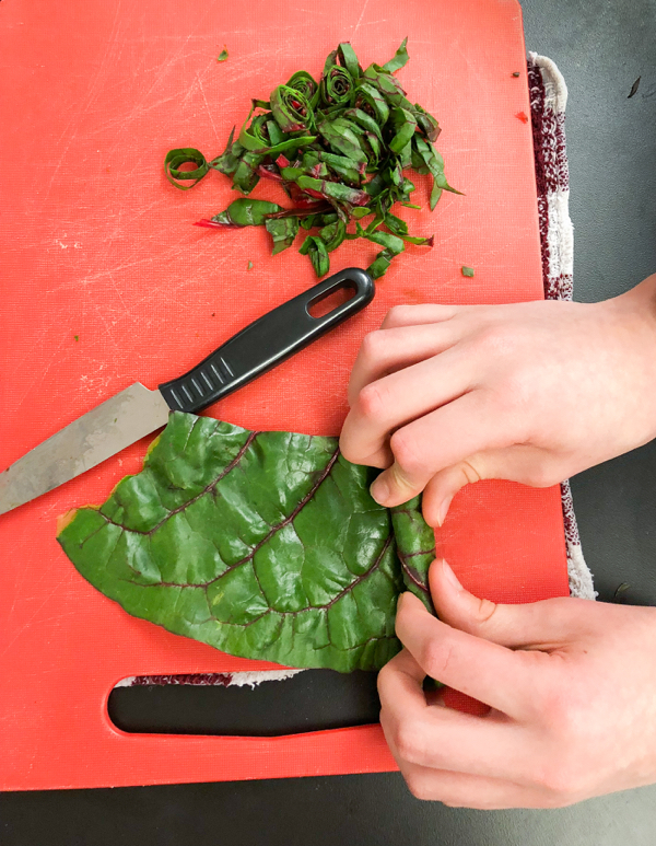 KIds cutting chard for Orecchiette Pasta with Chard from Bringing it Home on eatlivetravelwrite.com
