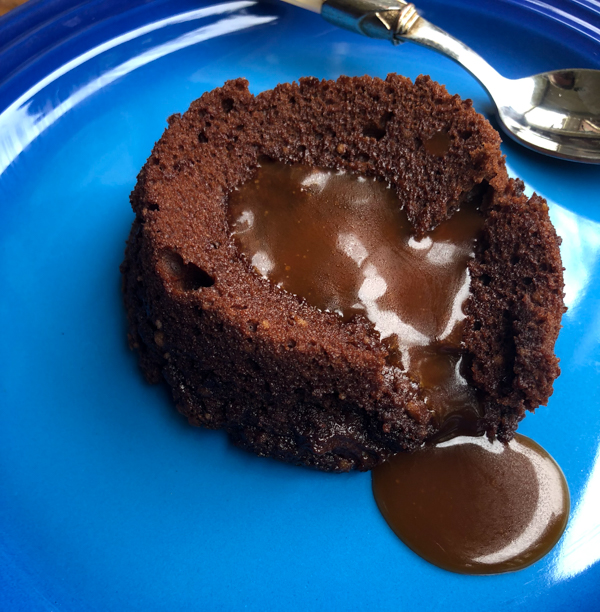Plated Molten chocolate cake with salted butter caramel sauce from David Lebovitz's My Paris Kitchen on eatlivetravelwrite.com
