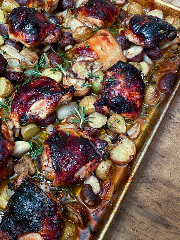 Sheet pan supper-balsamic chicken with potatoes from Everyday Dorie on eatlivetravelwrite.com