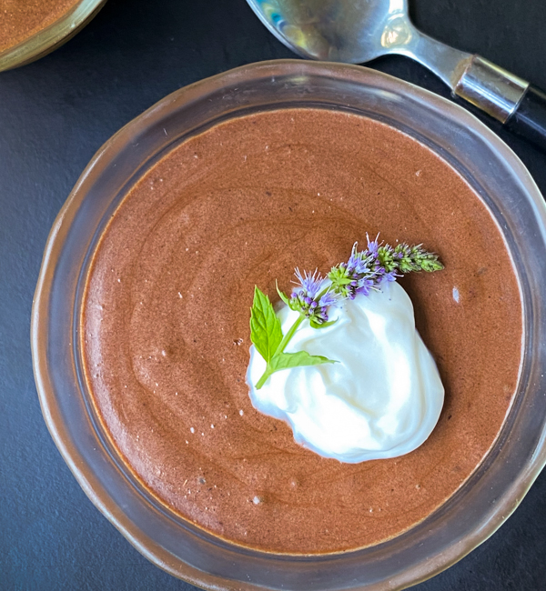 Dorie Greenspan Double-Mint Milk Chocolate Mousse and Gelée with mint flowers and sour cream