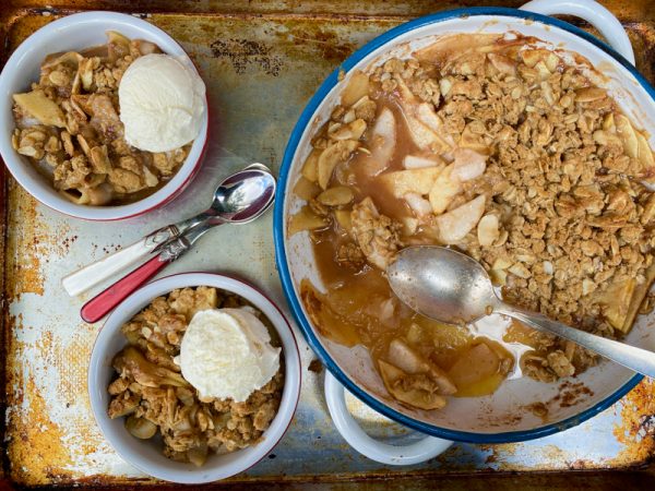 Salted Caramel Apple Crumble served in small ramekins with ice cream