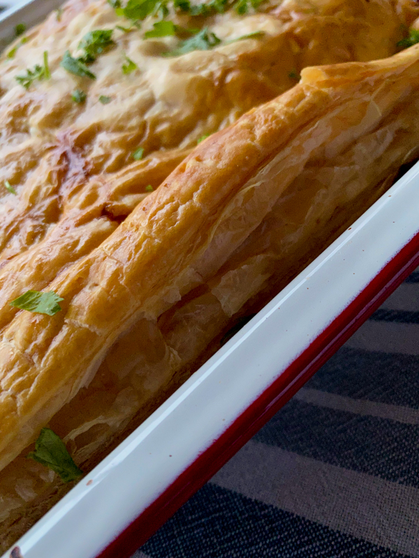 Puff pastry on top of a pot pie