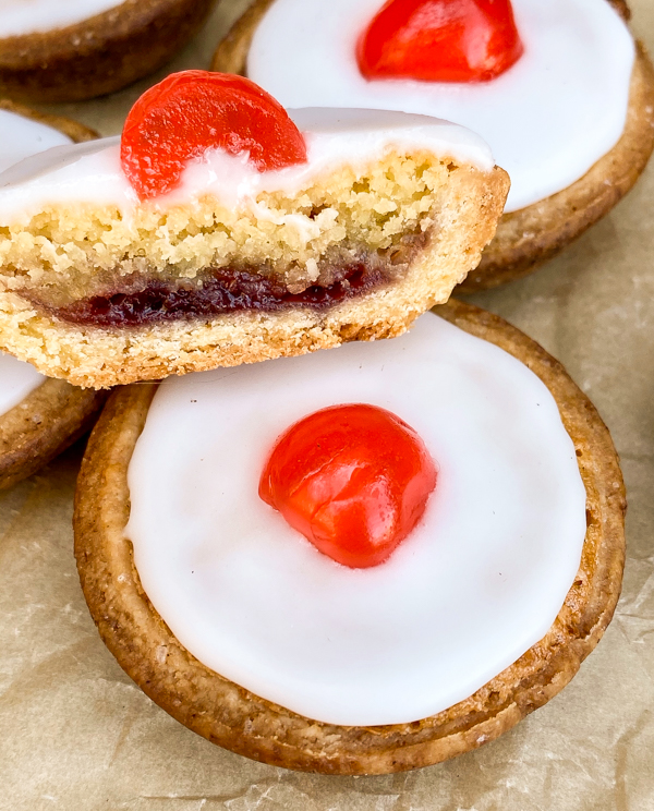 Interior of bakewell tart on a baking tray.