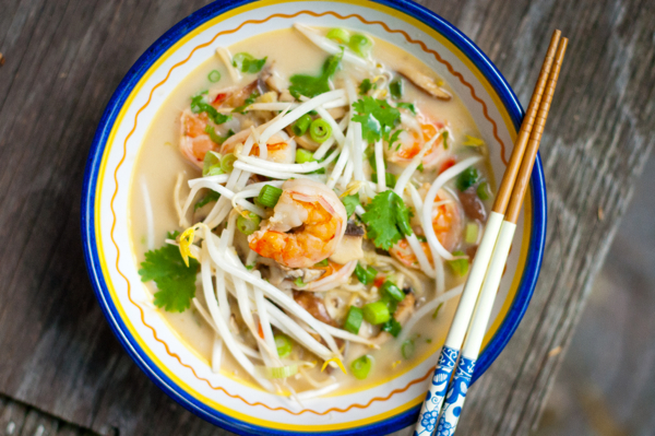 Thai coconut noodle soup with shrimp
