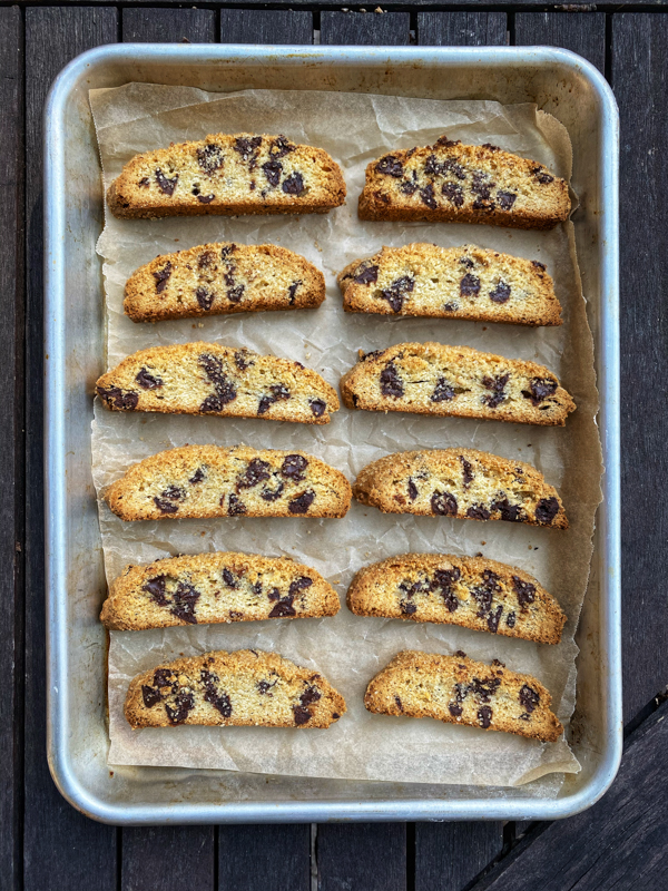 A tray of Dorie Greenspan's Chocolate Chip Not-Quite Mandelbrot.