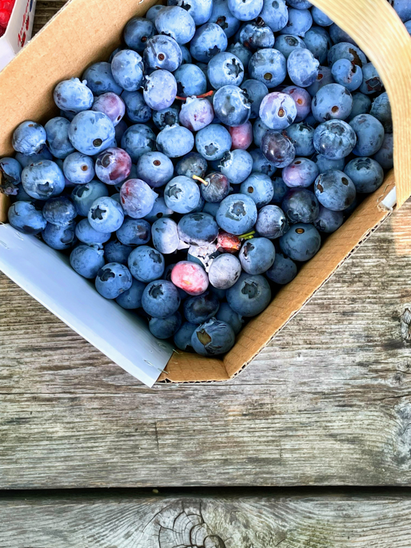 Fresh blueberries in a basket on a wooden table.