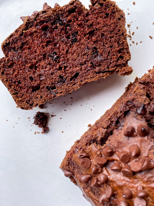 A slice of double chocolate pumpkin bread.