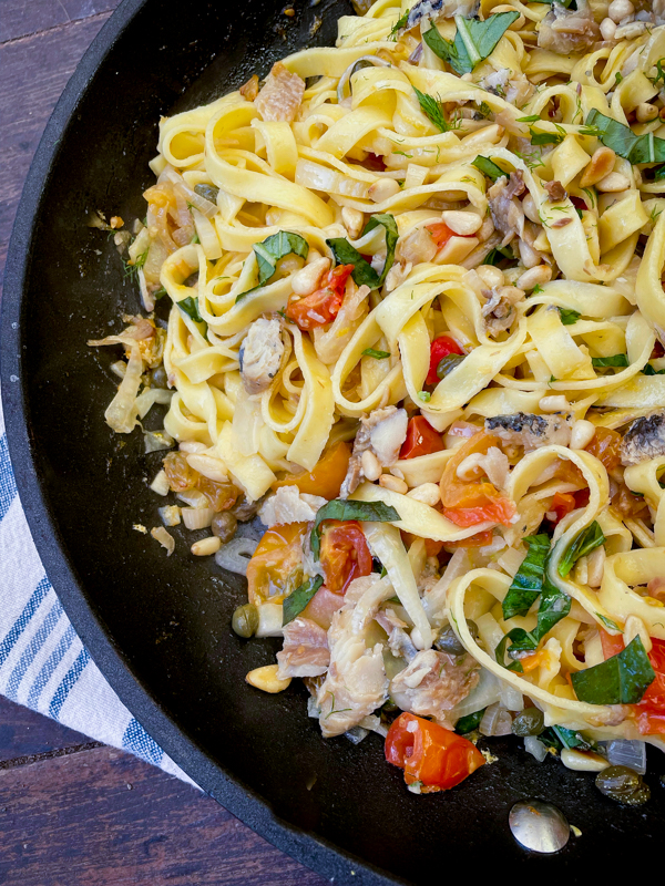 Pasta with Sardines, Fennel and Pine Nuts from Everyday Dorie in a non stick pan.