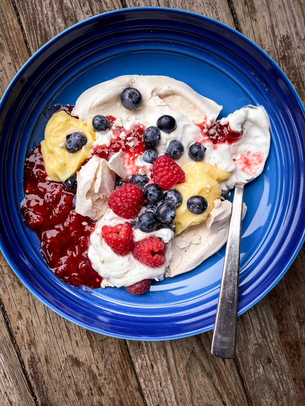 Eton Mess from Everyday Dorie in a blue plate.