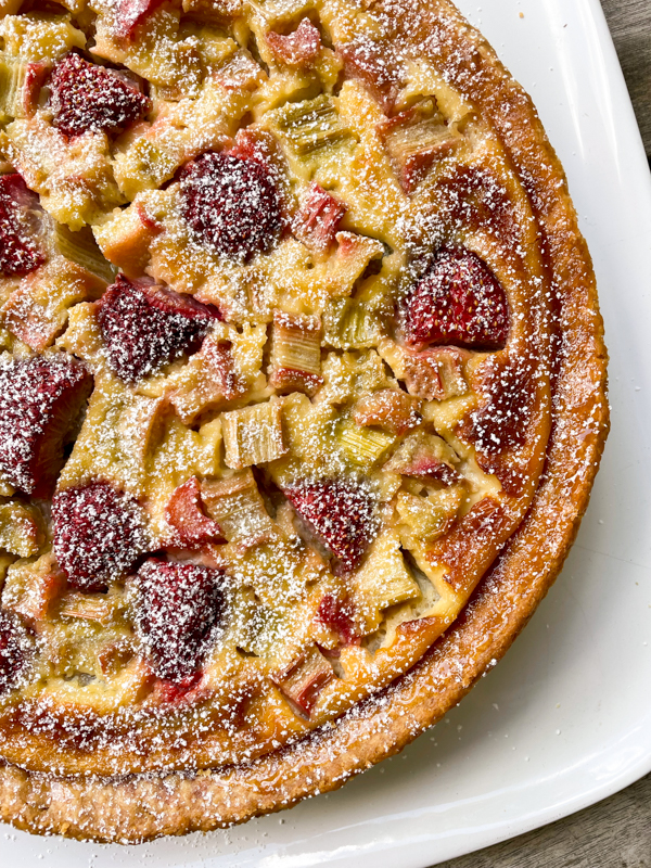 Dorie Greenspan's Mostly Rhubarb Pie from Everyday Dorie on a white plate.