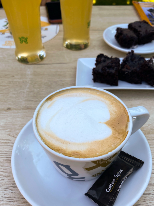 Cafe con leche with beers and brownies walking from Arzua to Pedrouzo on the Camino de Santiago.