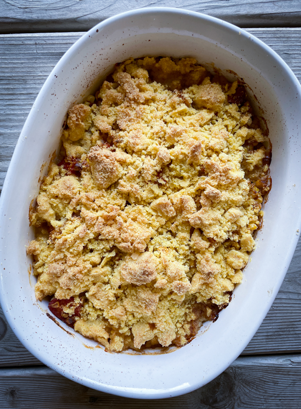 Double-Corn Tomato Crisp from Baking with Dorie in a white ceramic baking dish.