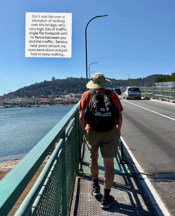 Man in an orange shirt, beige shorts, hat, and backpack walks away on a bridge walkway beside water, with a white card containing a long anecdote about crossing the bridge on the left side.