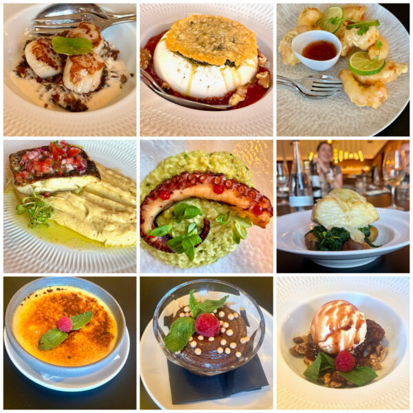 Seared scallops in a creamy sauce with bacon bits and a mint leaf on top. (top-left dish)