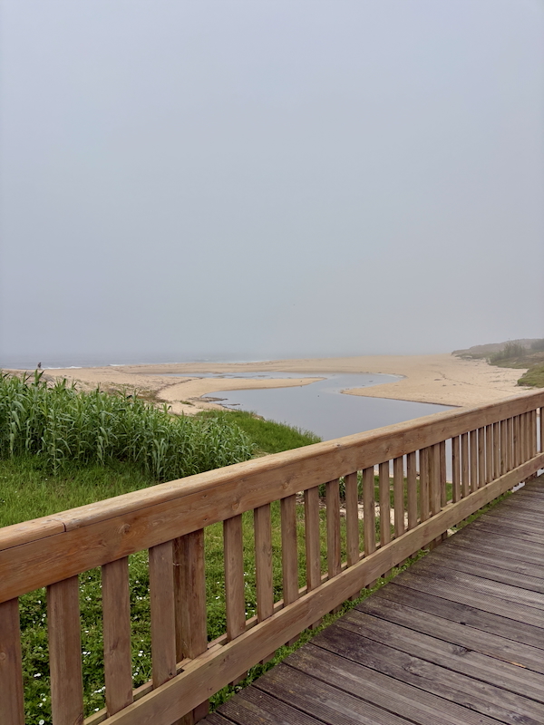 Wooden boardwalk railing along a sandy beach with a grassy dune to the left and a calm tidal channel fading into the foggy horizon.