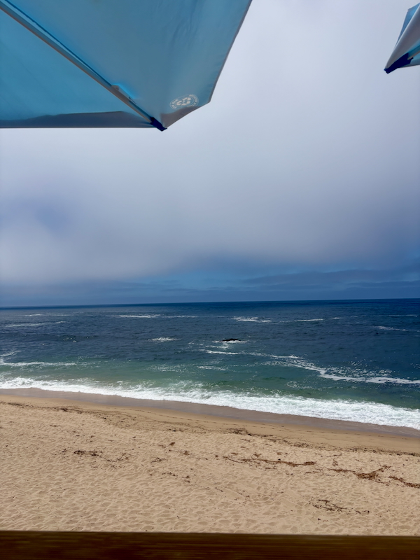 Beach scene viewed from under blue umbrellas, with sandy shore and blue ocean waves beyond.