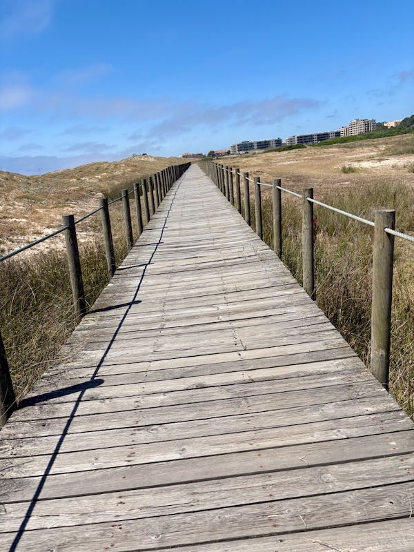Long wooden boardwalk through grassy dunes toward distant buildings on a sunny day.
