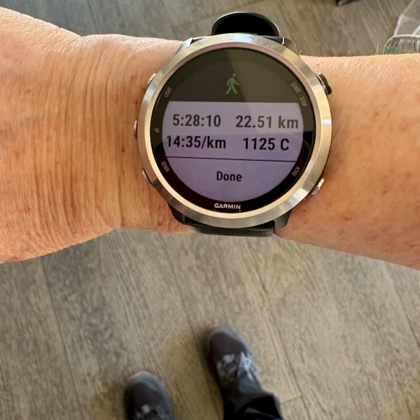 Garmin watch on wrist showing run stats: 22.51 km, 5:28:10 total time, 14:35/km, 1125 kcal, Done.