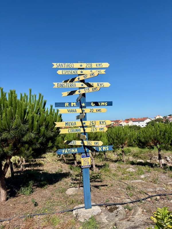 Blue wooden signpost with yellow and blue arrows listing distances to towns (e.g., Santiago 208 kms) in a sunny field with trees and a village in the background.