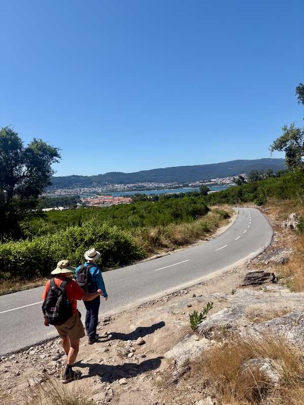 Two hikers with backpacks and sun hats walk a winding road along a hillside, with a distant town and water under a clear blue sky.