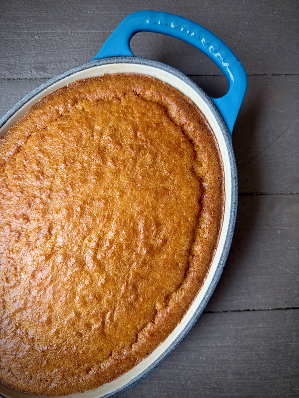 Dorie Greenspan's "corn toasties" from Dorie's Anytime Cakes baked into a large cornbread.