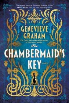 Book cover for 'The Chambermaid's Key' by Genevieve Graham with ornate gold vines, teal background, and a silhouette woman at a keyhole.