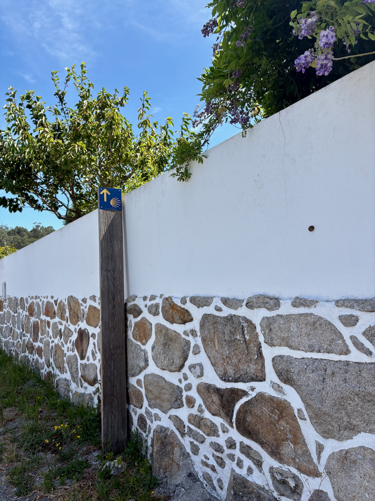 Blue sign with an upward arrow and shell on a wooden post beside a white wall with a stone base, under a clear sky and greenery above.