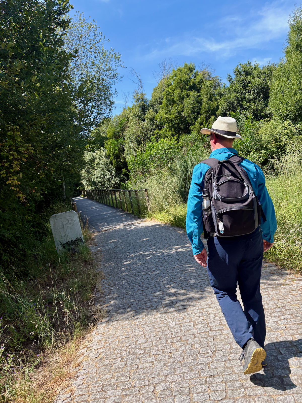Man wearing a hat and blue shirt walks along a cobblestone path with a black backpack in a green, sunny outdoor trail.