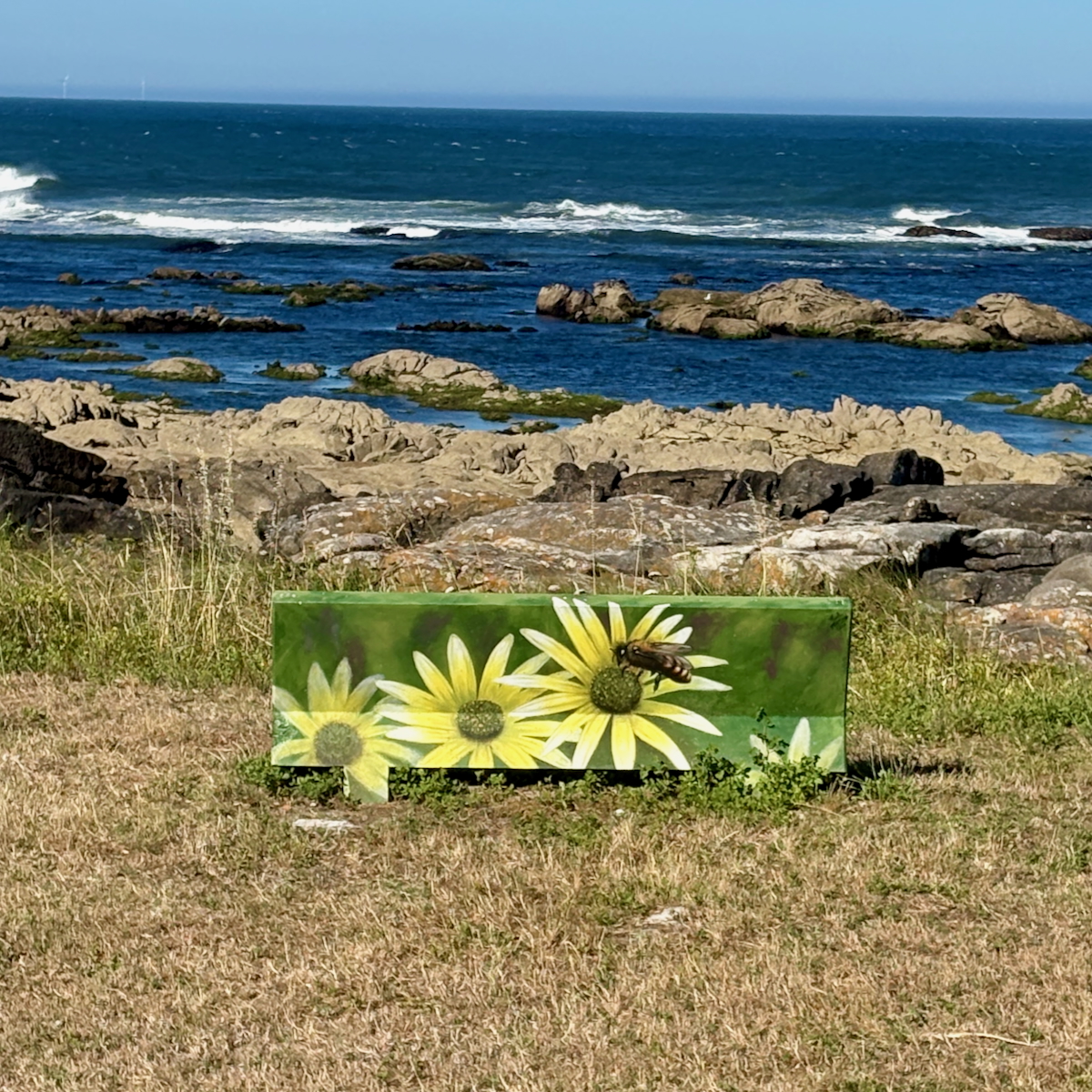 Green panel with bright yellow sunflowers and a bee, placed on grass by the rocky coastal shore (art installation)