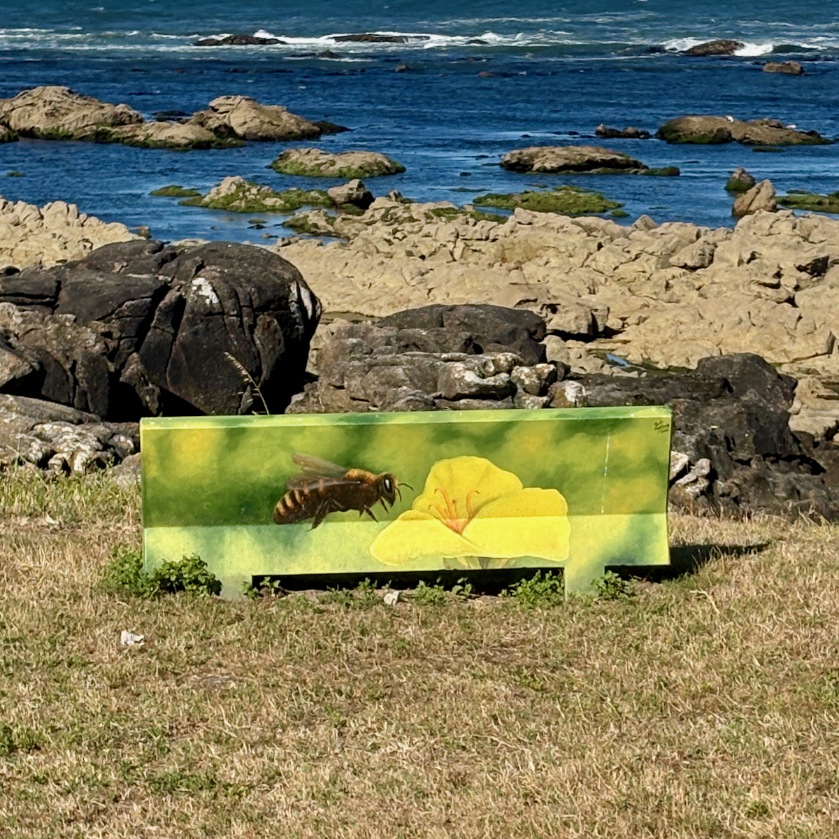 Green bench-like panel on grass displaying a bee and a large yellow flower, set against a rocky shoreline and blue sea in the background.