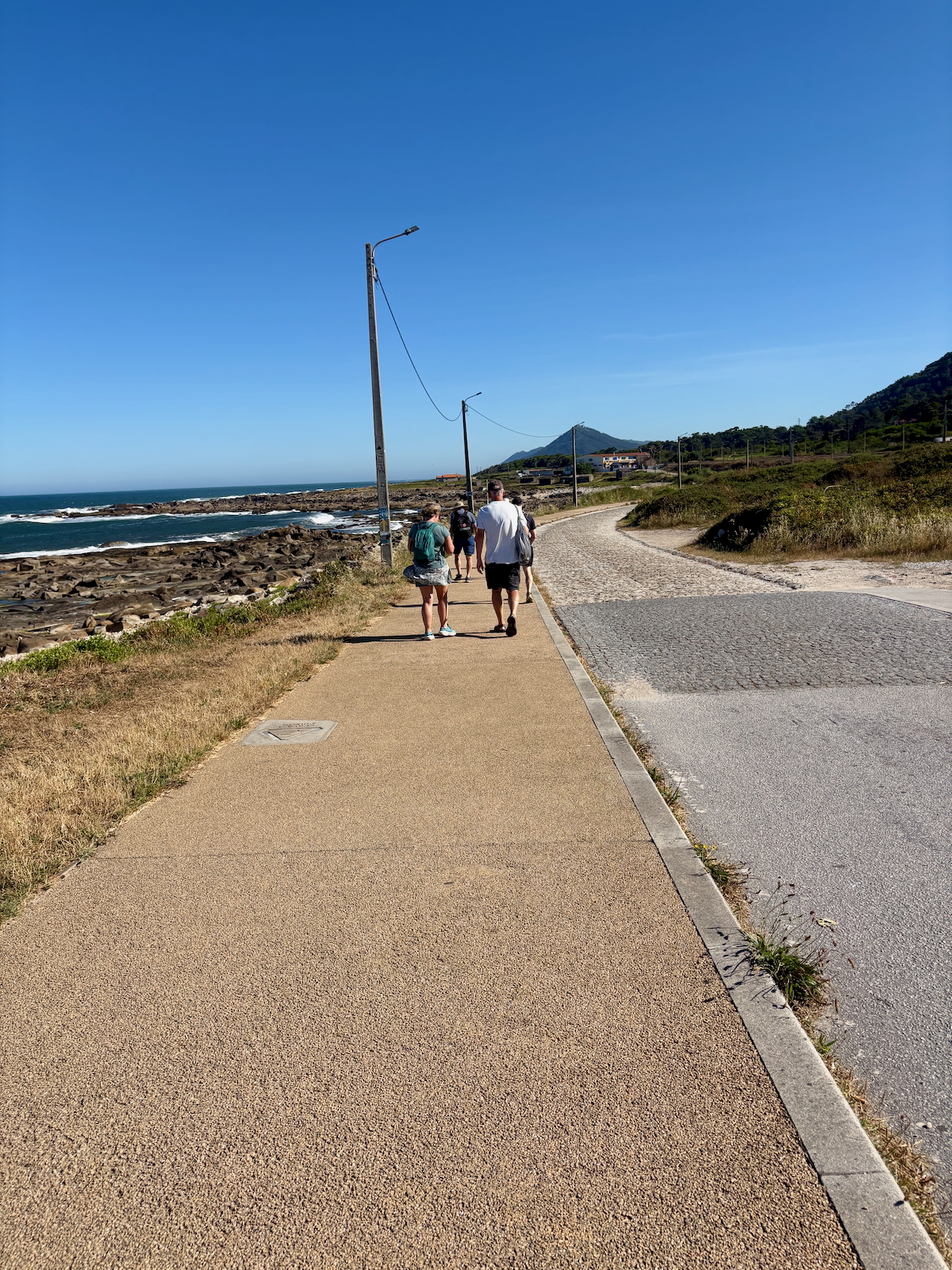 Group of four people walking along a seaside path next to rocky shore and blue ocean under a clear sky.