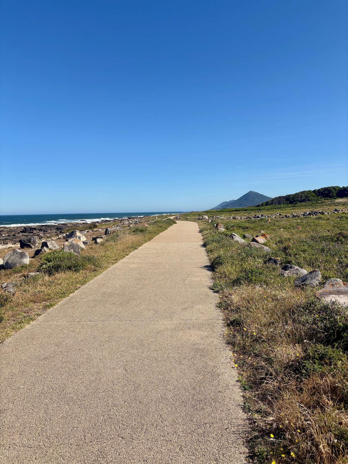 A coastal paved path leading toward a small hill and calm sea under a bright blue sky with rocky shoreline on the left.