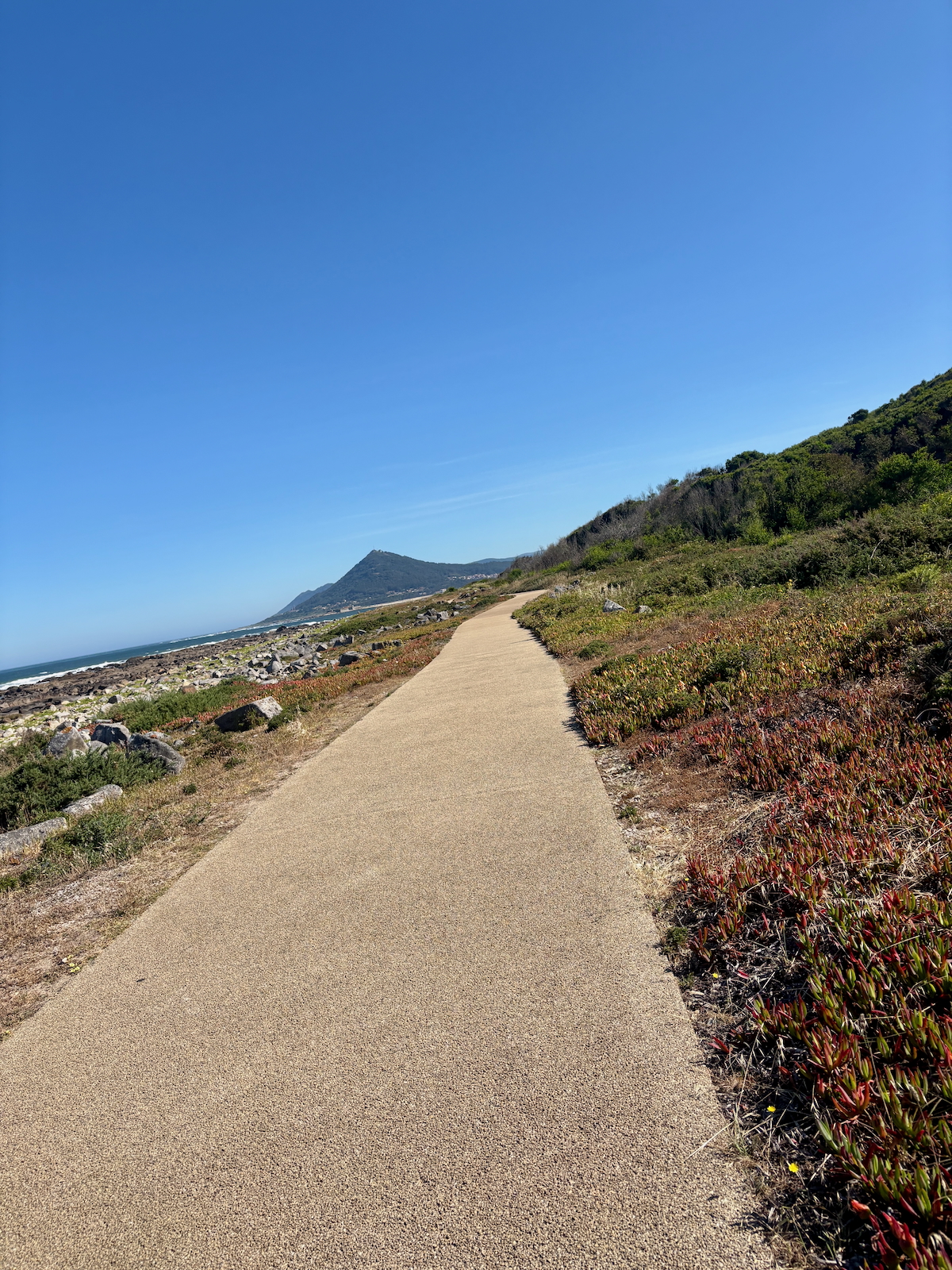 Coastal paved path winds along a rocky shoreline with a blue sky and distant hills on the right side.
