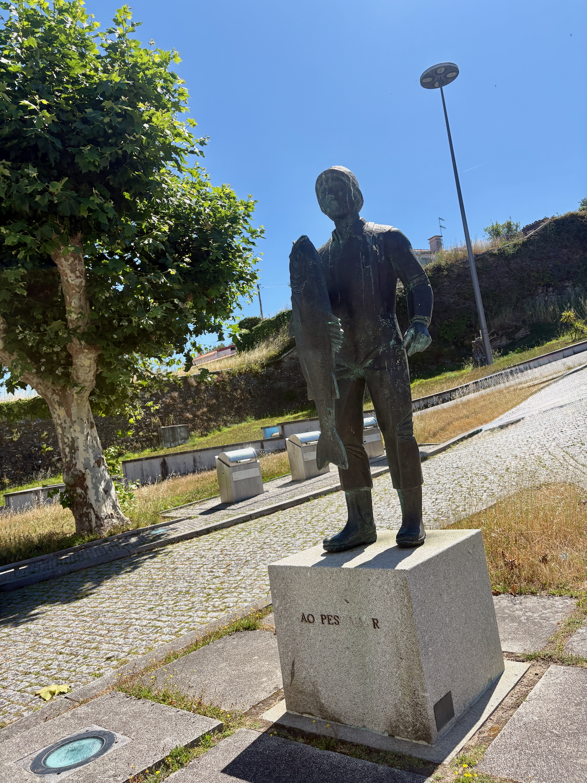 Bronze statue of a man holding a large fish, mounted on a concrete pedestal in a sunny plaza with a tree and street lamp nearby (inscription on pedestal partially visible).