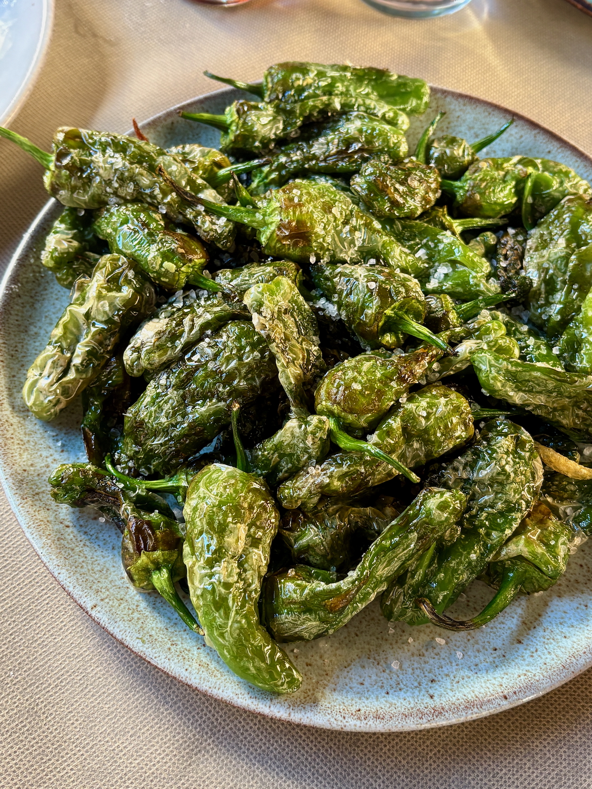 Plate of blistered green peppers (Padron-style) sprinkled with coarse salt on a ceramic platter.